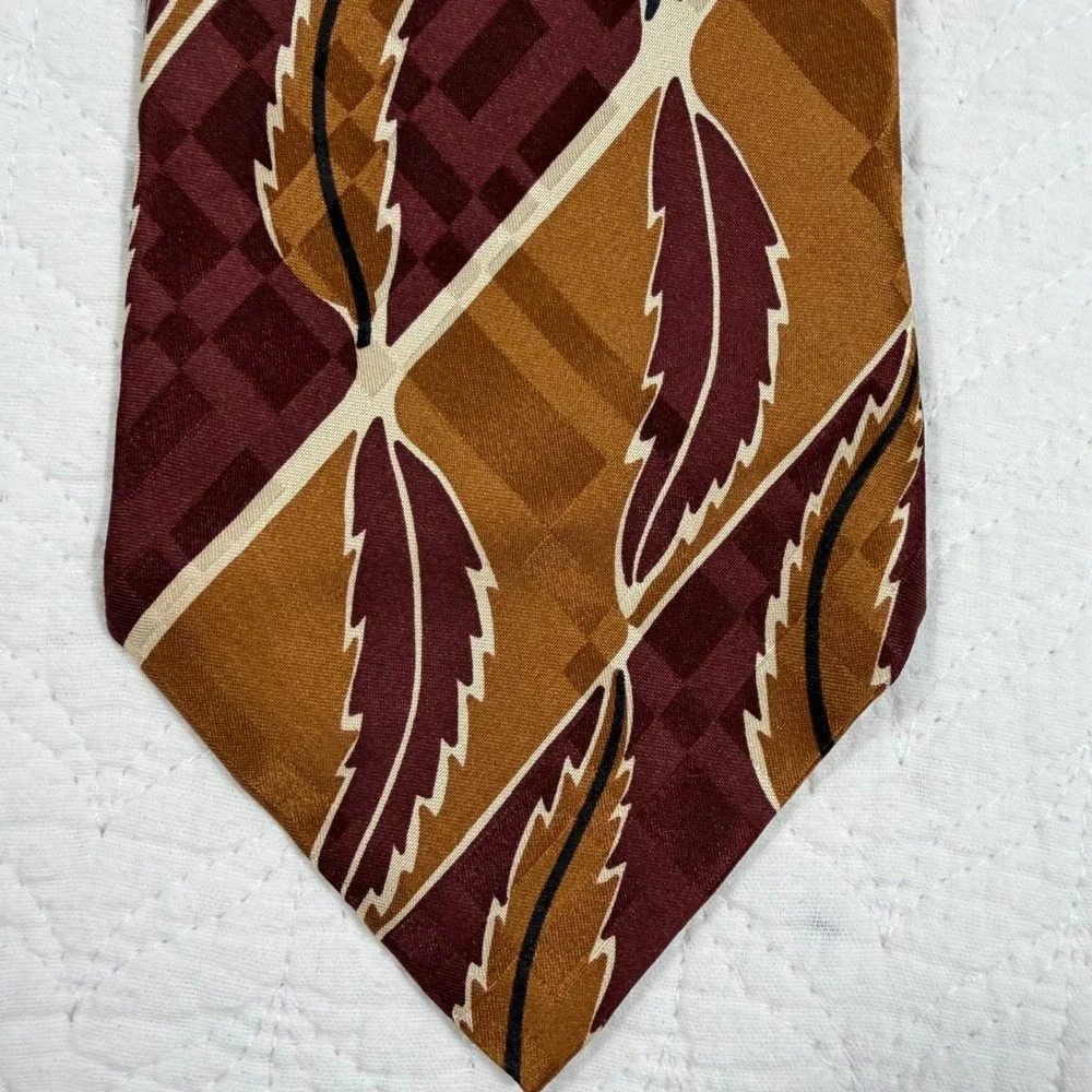 Polo Ralph Lauren Hollywood Collection Silk Tie Burgundy‎ Gold Art Deco Leaf EUC